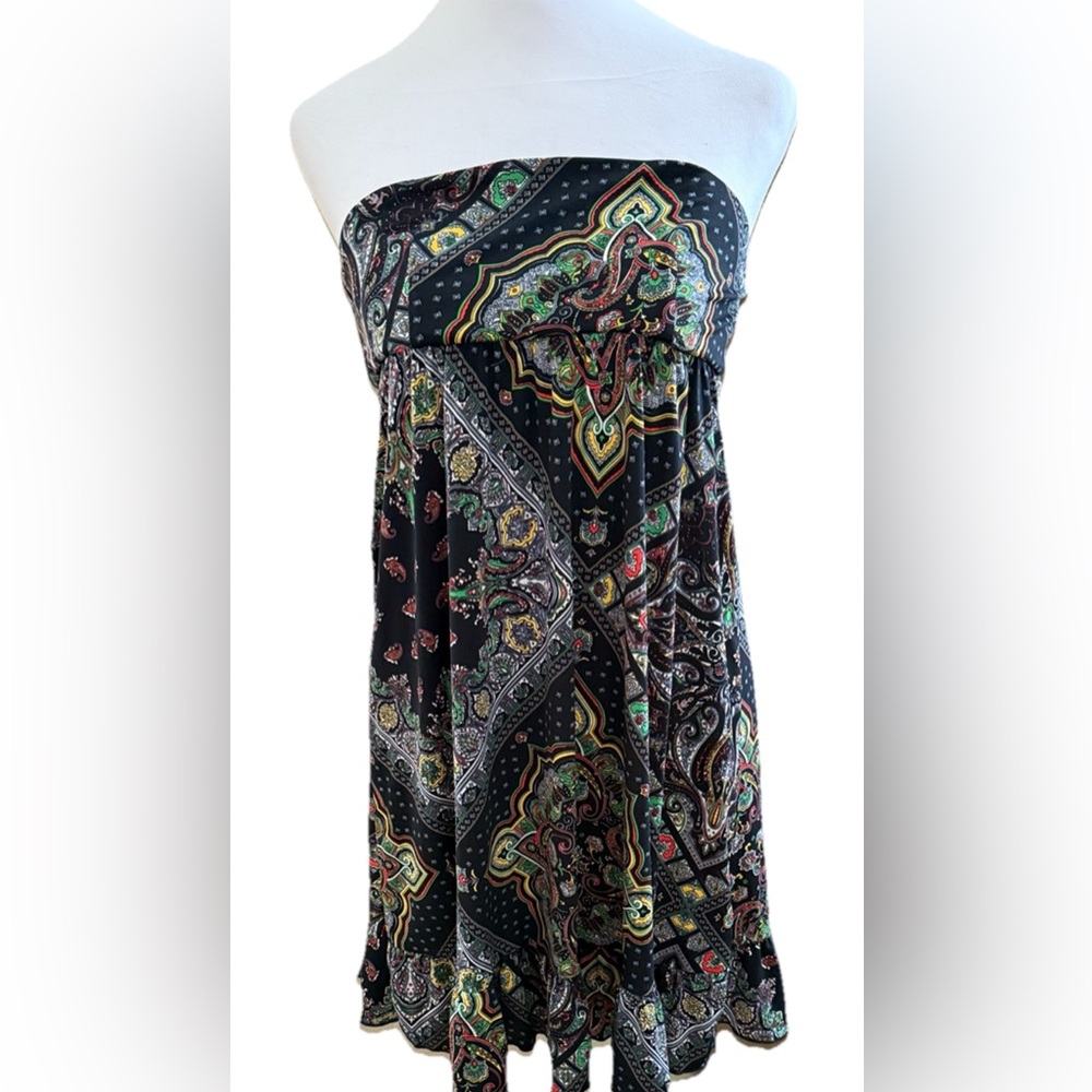 EVERLY PLANET LOVE Black Strapless Ruffled Bandana Print Mini Dress Tunic Size S